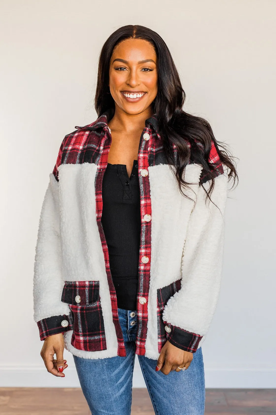 Living For This Moment Plaid Button Sherpa- Ivory