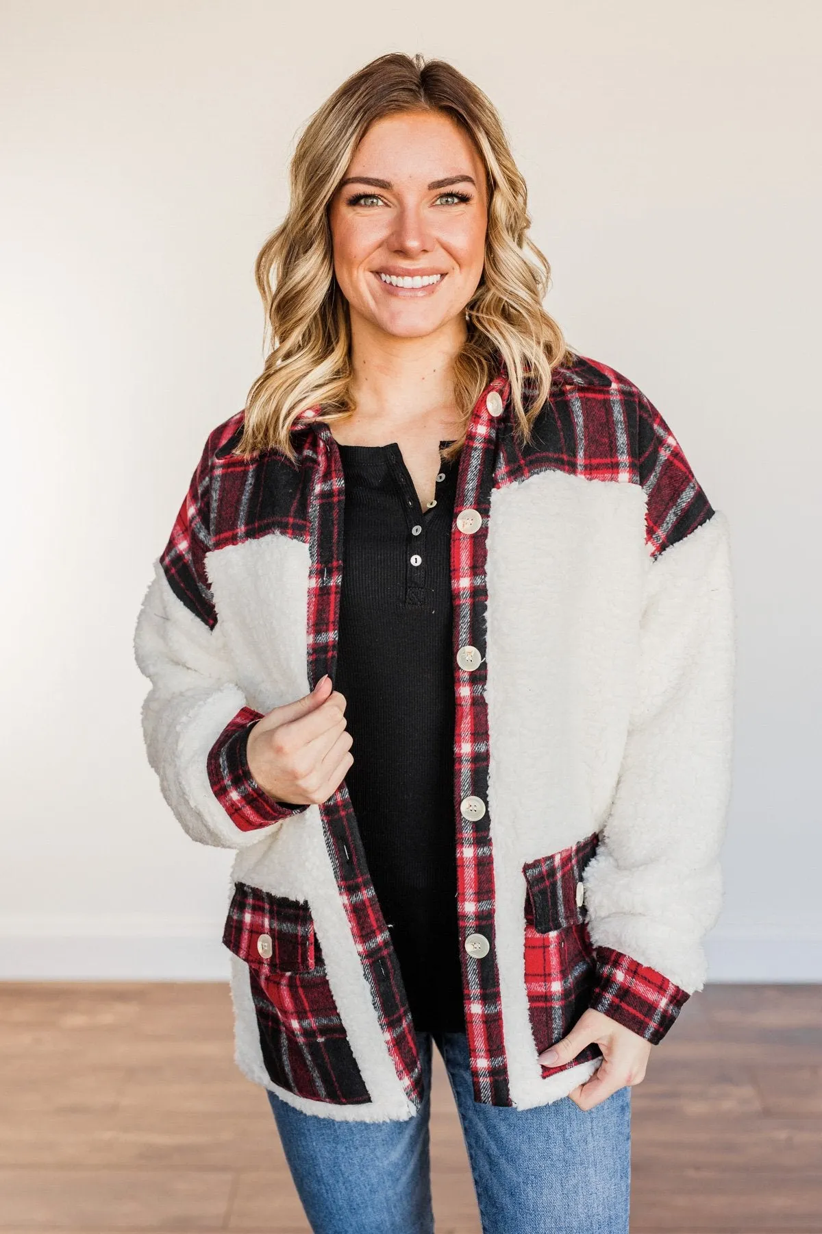 Living For This Moment Plaid Button Sherpa- Ivory