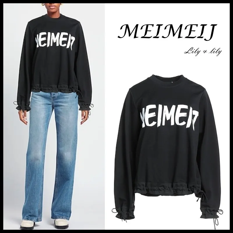 MeiMeiJ  |Crew Neck Street Style Bi-color Long Sleeves Plain Cotton