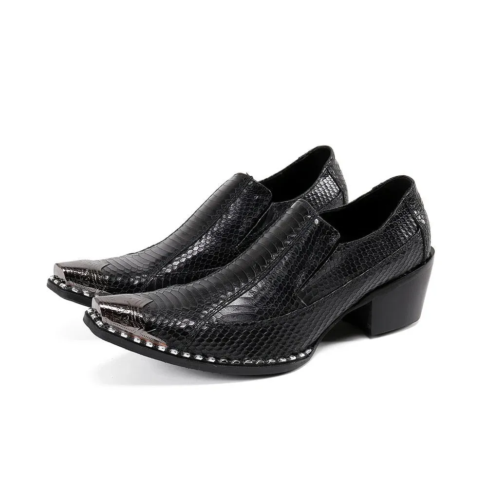 Men's Black Genuine Leather Slip-on Height Increased Formal Oxford Shoes