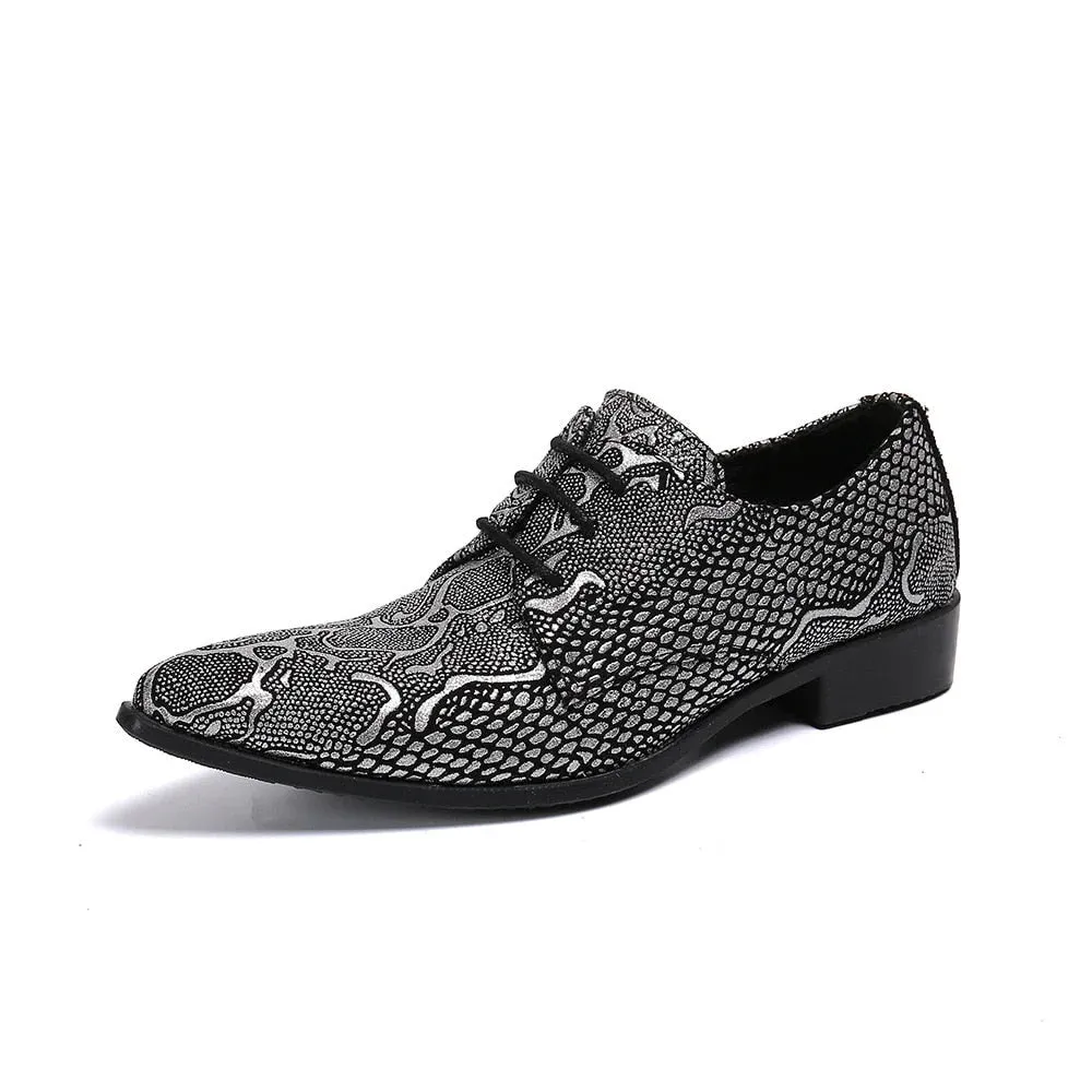 Men's Dark Gray Genuine Leather Pointed Toe Striped Oxford Shoes