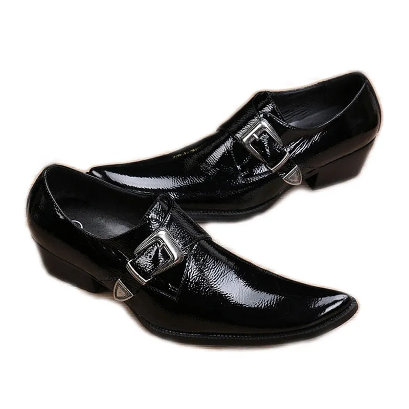 Men's Japanese Style Black Leather Square Toe Low Heels Buckle Dress Shoes