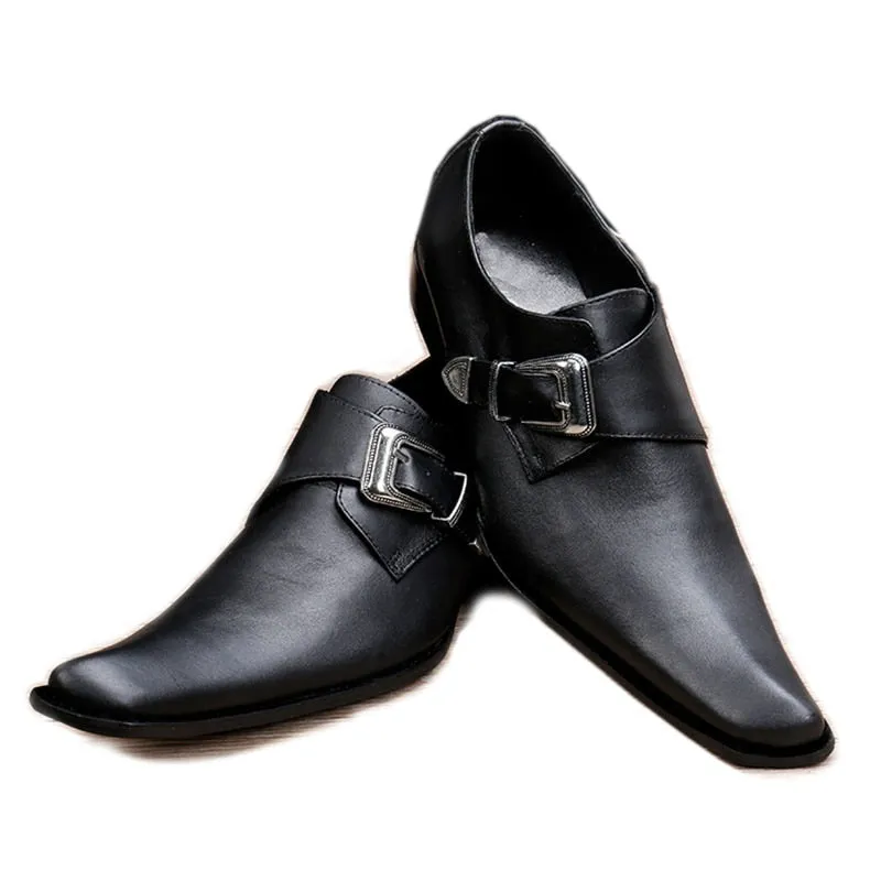 Men's Japanese Style Black Leather Square Toe Low Heels Buckle Dress Shoes