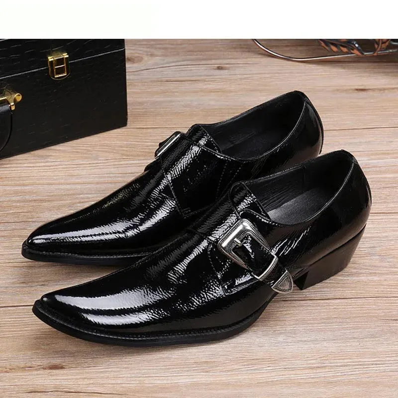 Men's Japanese Style Black Leather Square Toe Low Heels Buckle Dress Shoes