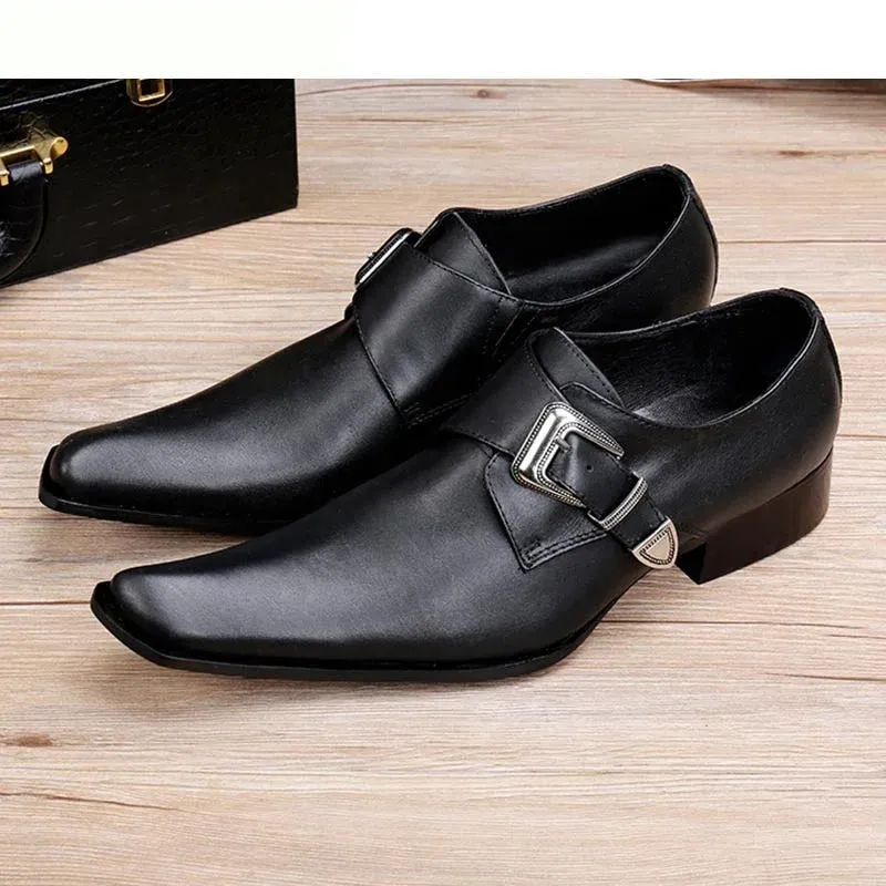 Men's Japanese Style Black Leather Square Toe Low Heels Buckle Dress Shoes