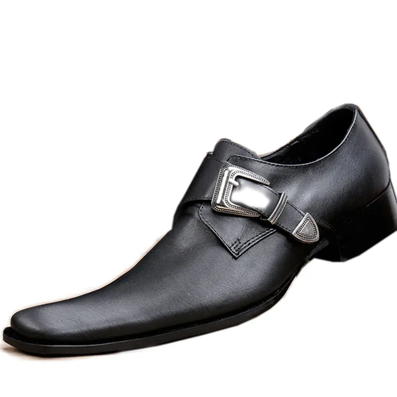 Men's Japanese Style Black Leather Square Toe Low Heels Buckle Dress Shoes