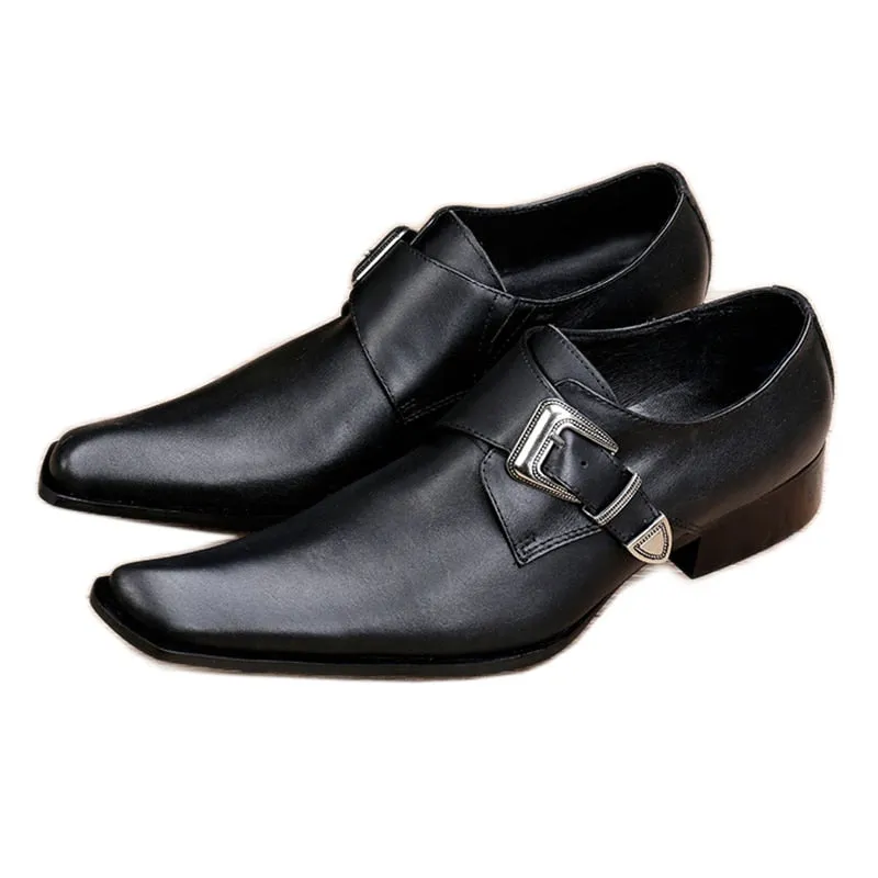 Men's Japanese Style Black Leather Square Toe Low Heels Buckle Dress Shoes