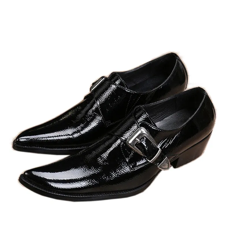 Men's Japanese Style Black Leather Square Toe Low Heels Buckle Dress Shoes