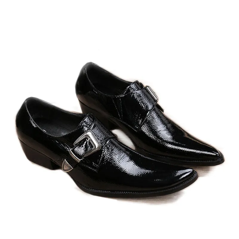 Men's Japanese Style Black Leather Square Toe Low Heels Buckle Dress Shoes