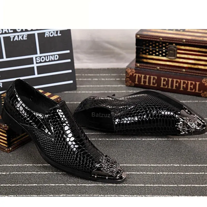 Men's Luxury Handmade Leather Snake Texture Pointed Metal Toe Dress Shoes