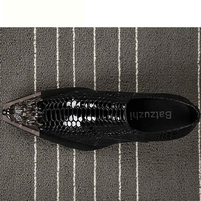 Men's Luxury Handmade Leather Snake Texture Pointed Metal Toe Dress Shoes