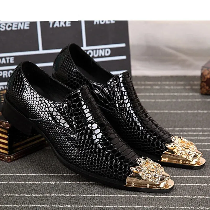 Men's Luxury Handmade Leather Snake Texture Pointed Metal Toe Dress Shoes