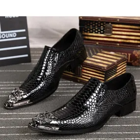 Men's Luxury Handmade Leather Snake Texture Pointed Metal Toe Dress Shoes