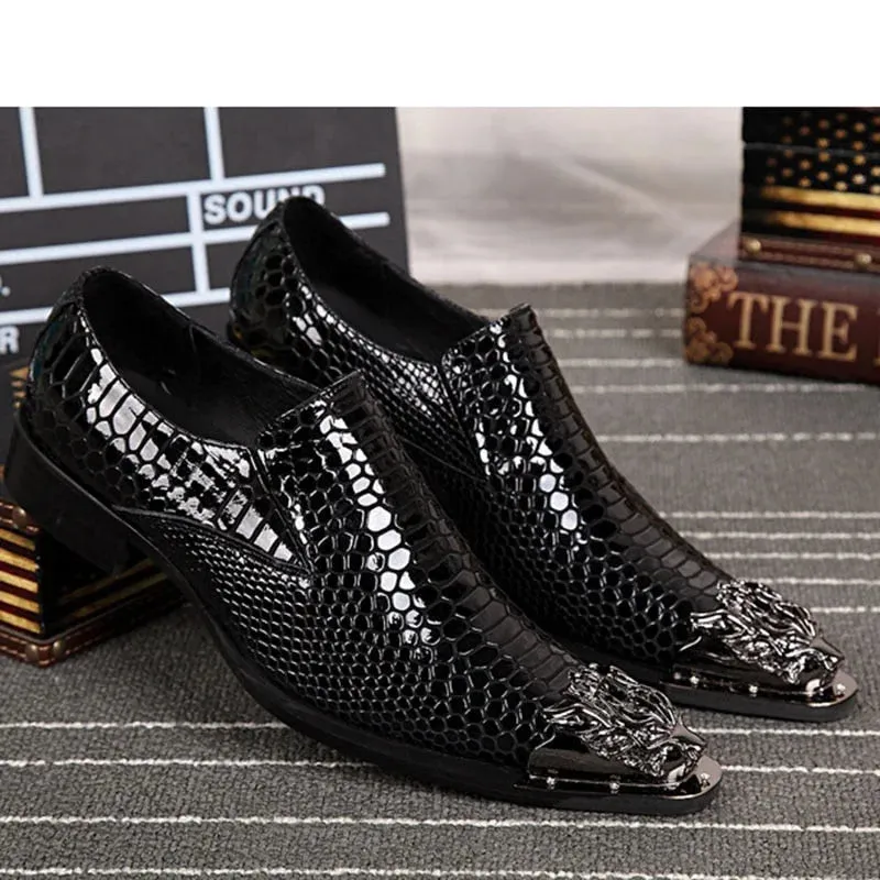 Men's Luxury Handmade Leather Snake Texture Pointed Metal Toe Dress Shoes