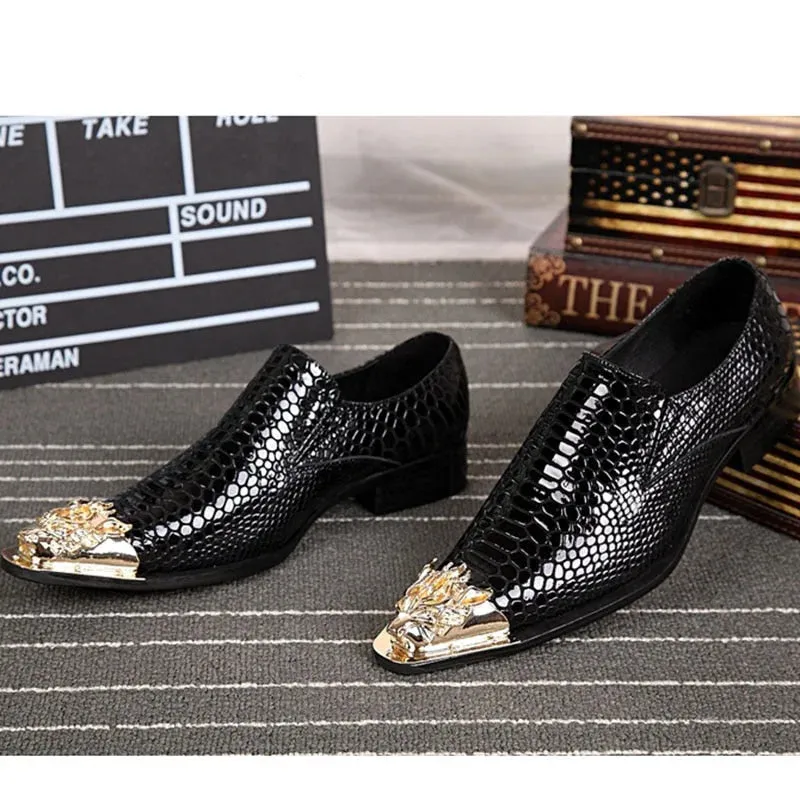 Men's Luxury Handmade Leather Snake Texture Pointed Metal Toe Dress Shoes