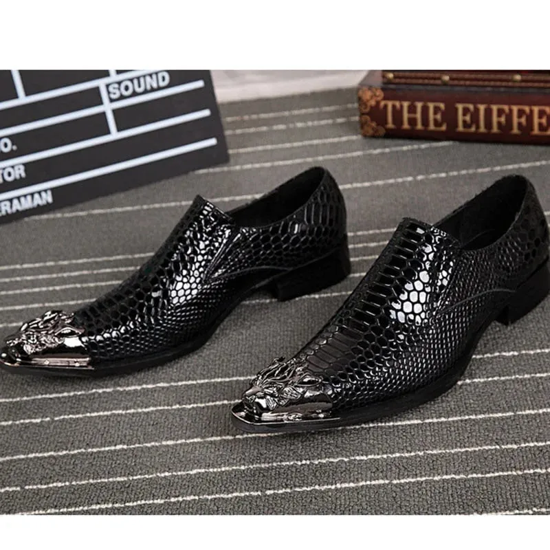 Men's Luxury Handmade Leather Snake Texture Pointed Metal Toe Dress Shoes