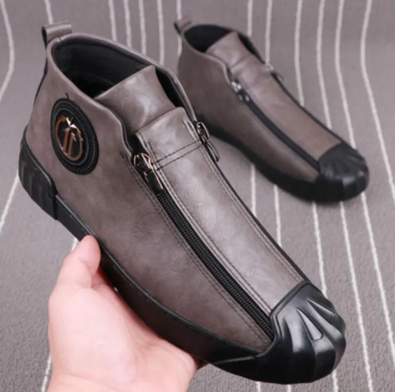 Men's Soft Solid Pattern Metal Buckle Zipper Hi-Top Slip-On Shoes