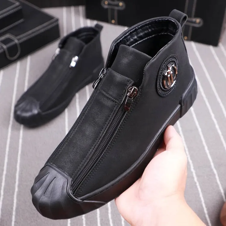 Men's Soft Solid Pattern Metal Buckle Zipper Hi-Top Slip-On Shoes