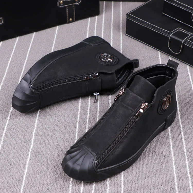 Men's Soft Solid Pattern Metal Buckle Zipper Hi-Top Slip-On Shoes