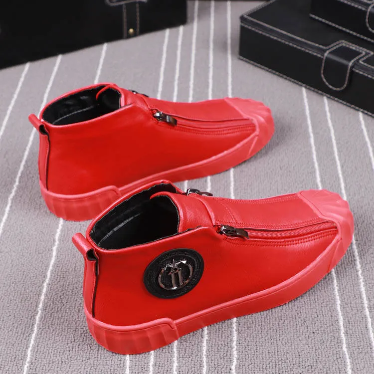 Men's Soft Solid Pattern Metal Buckle Zipper Hi-Top Slip-On Shoes