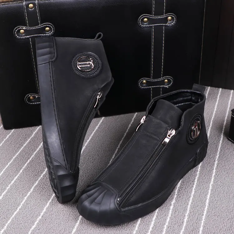 Men's Soft Solid Pattern Metal Buckle Zipper Hi-Top Slip-On Shoes