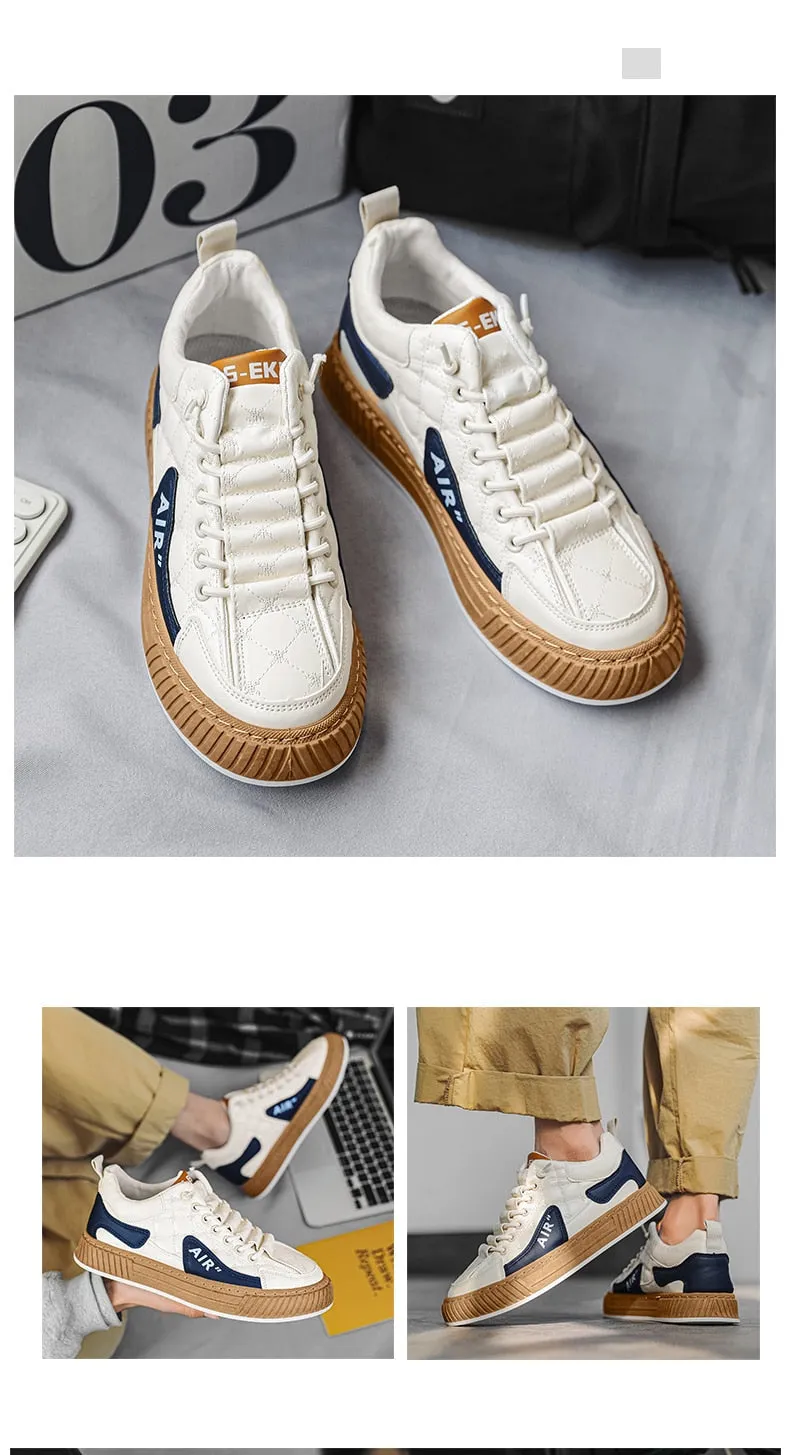 Men's White Color Thick-Soled Lace-Up Casual Vulcanized Walking Shoes