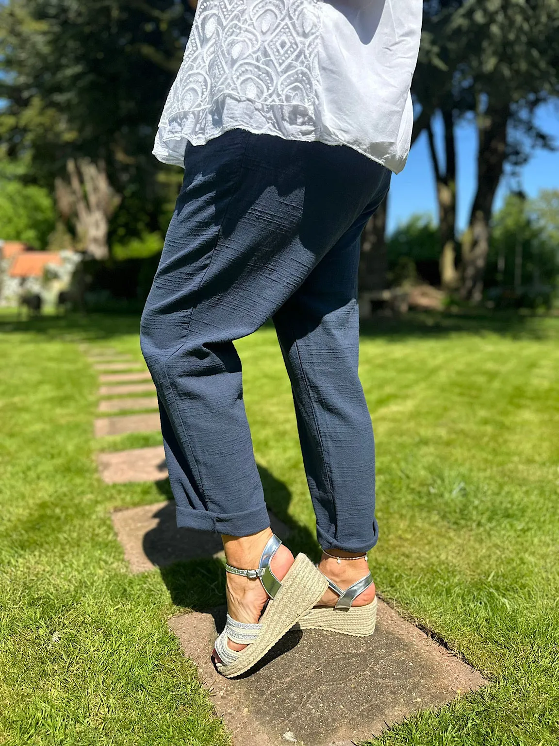 Navy Linen Blend Trousers