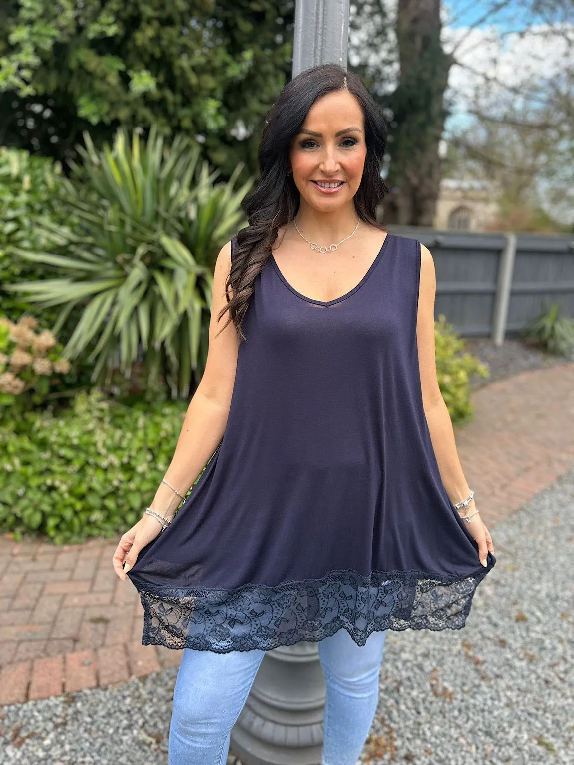 Navy V Neck Lace Bottom Vest Thea