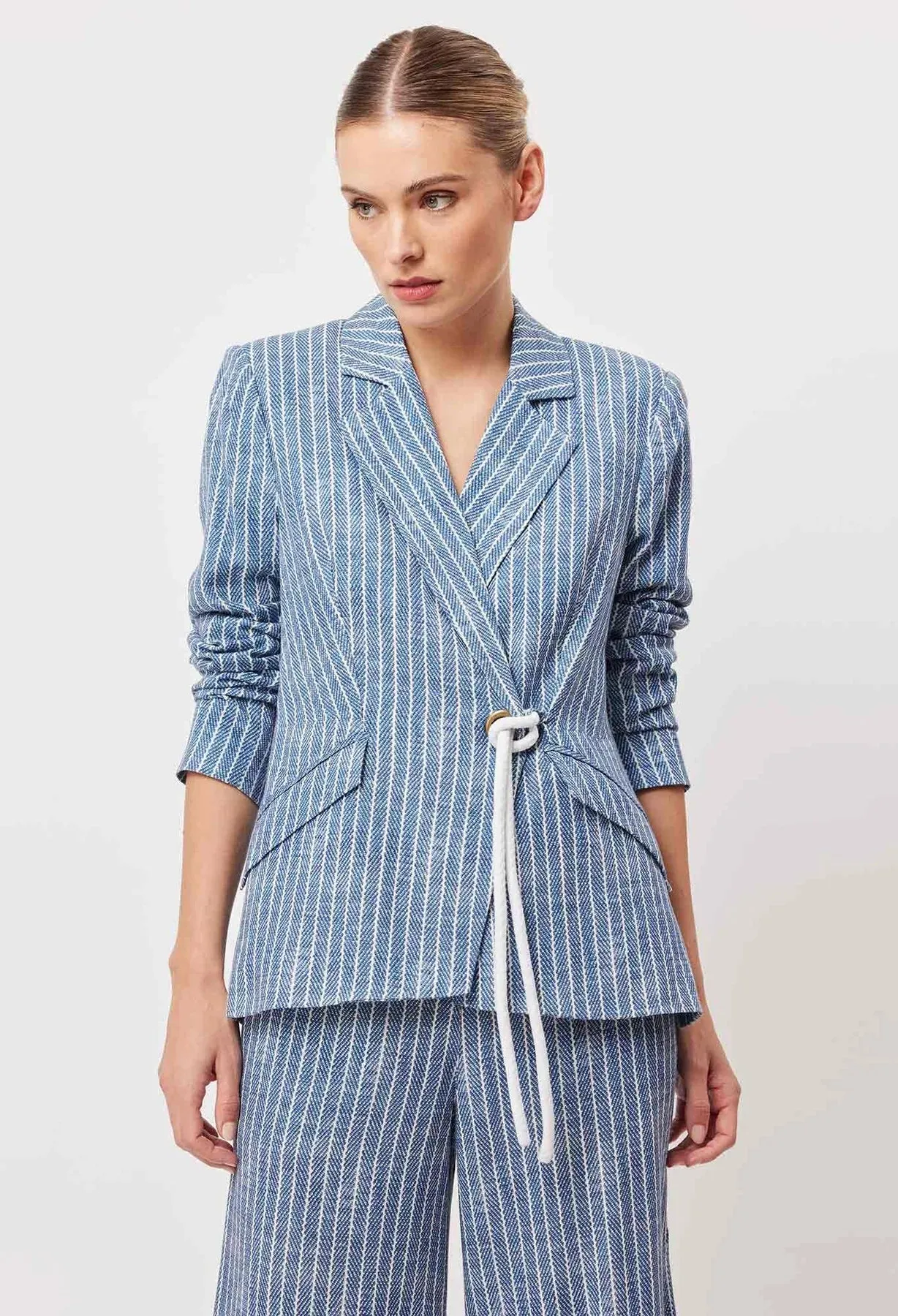 ONCE WAS - Panama Linen Viscose Tie Detail Blazer in Panama Stripe