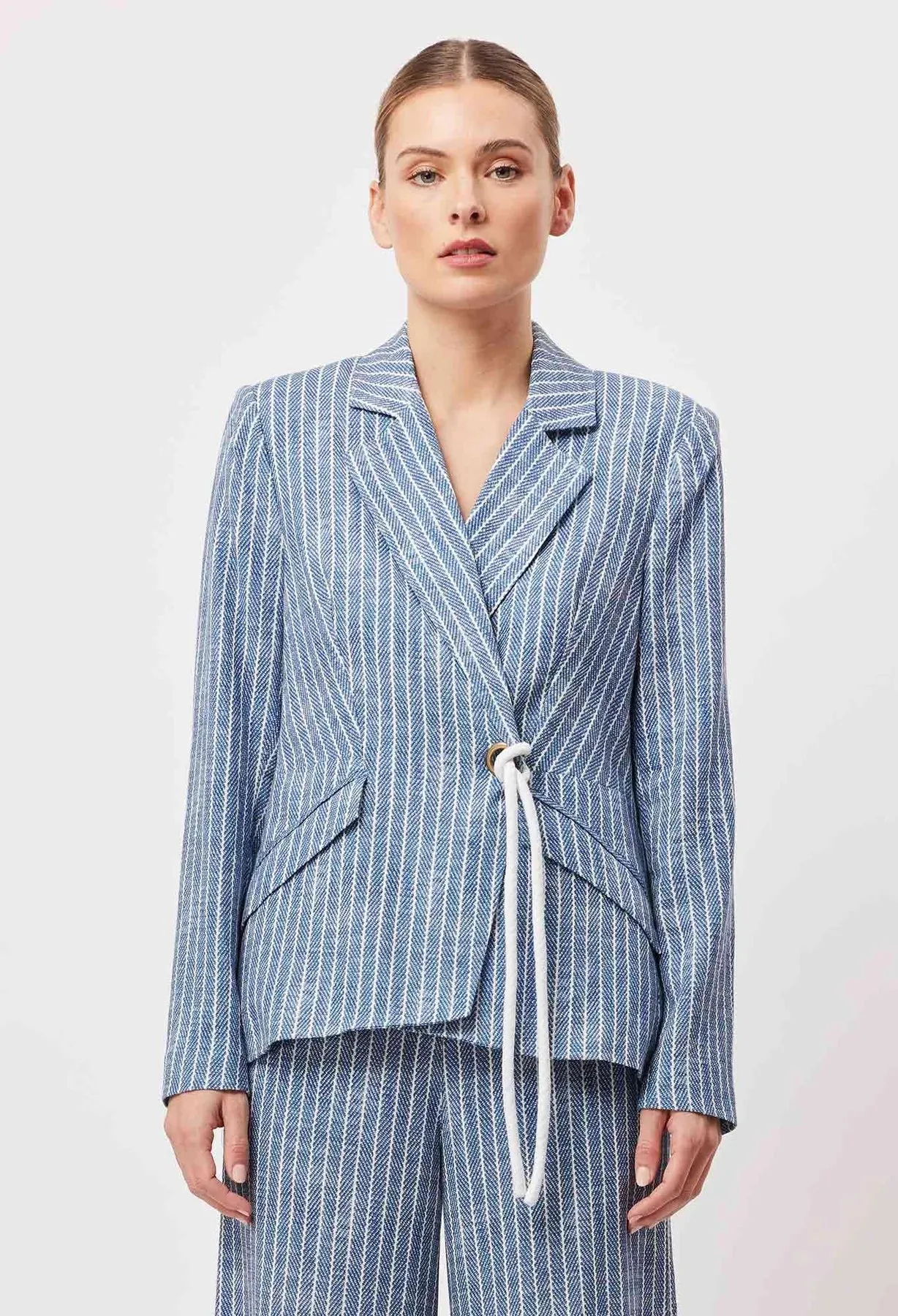 ONCE WAS - Panama Linen Viscose Tie Detail Blazer in Panama Stripe