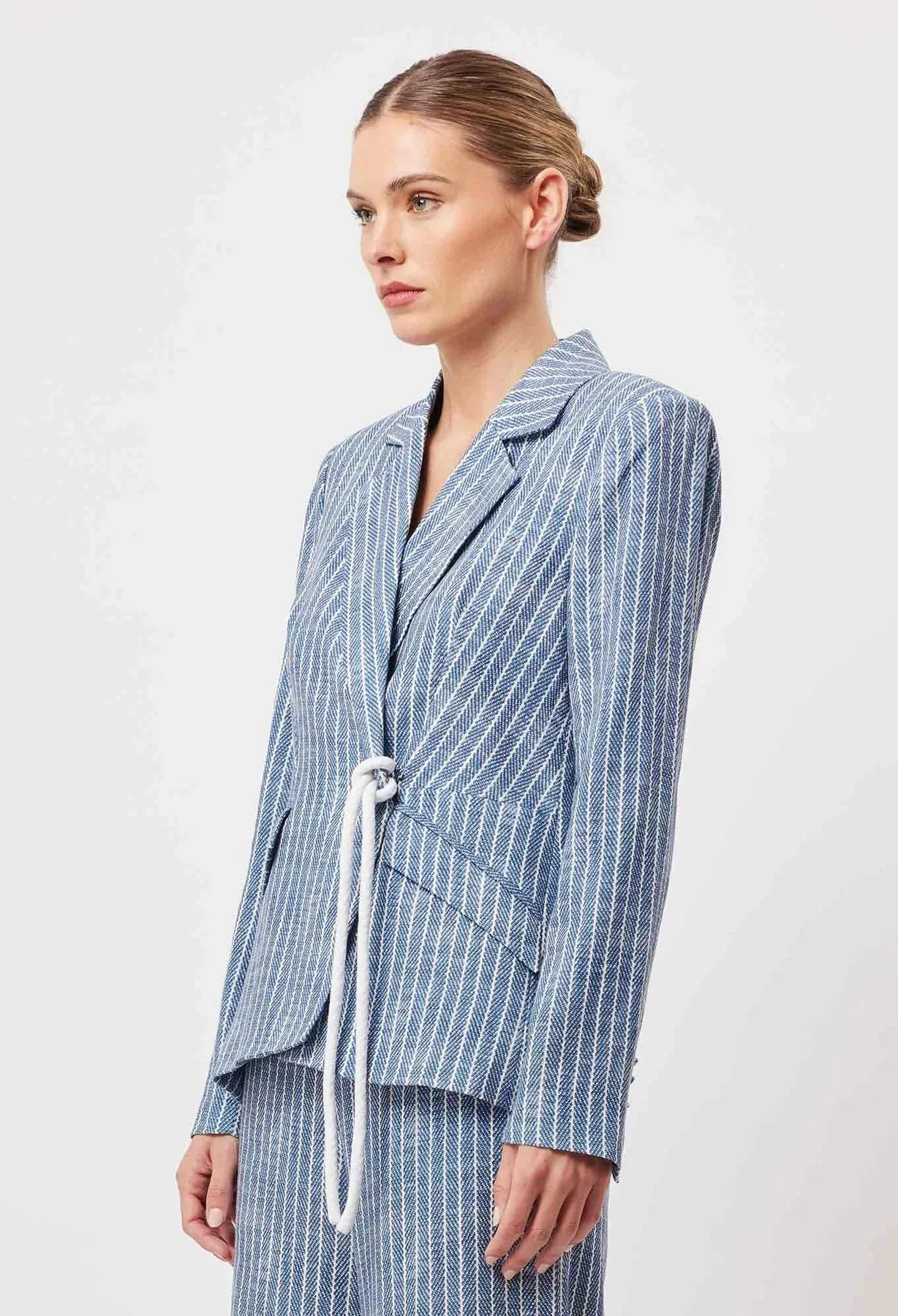 ONCE WAS - Panama Linen Viscose Tie Detail Blazer in Panama Stripe