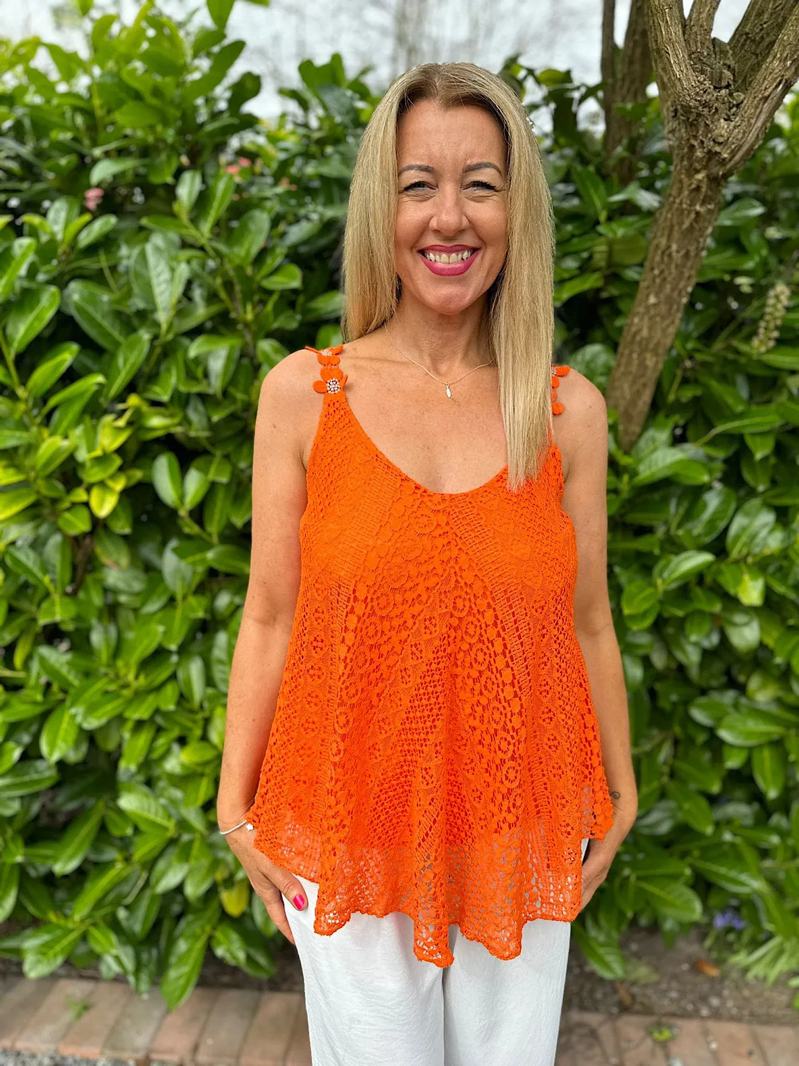 Orange Crochet Flower Strap Vest Top Tilly