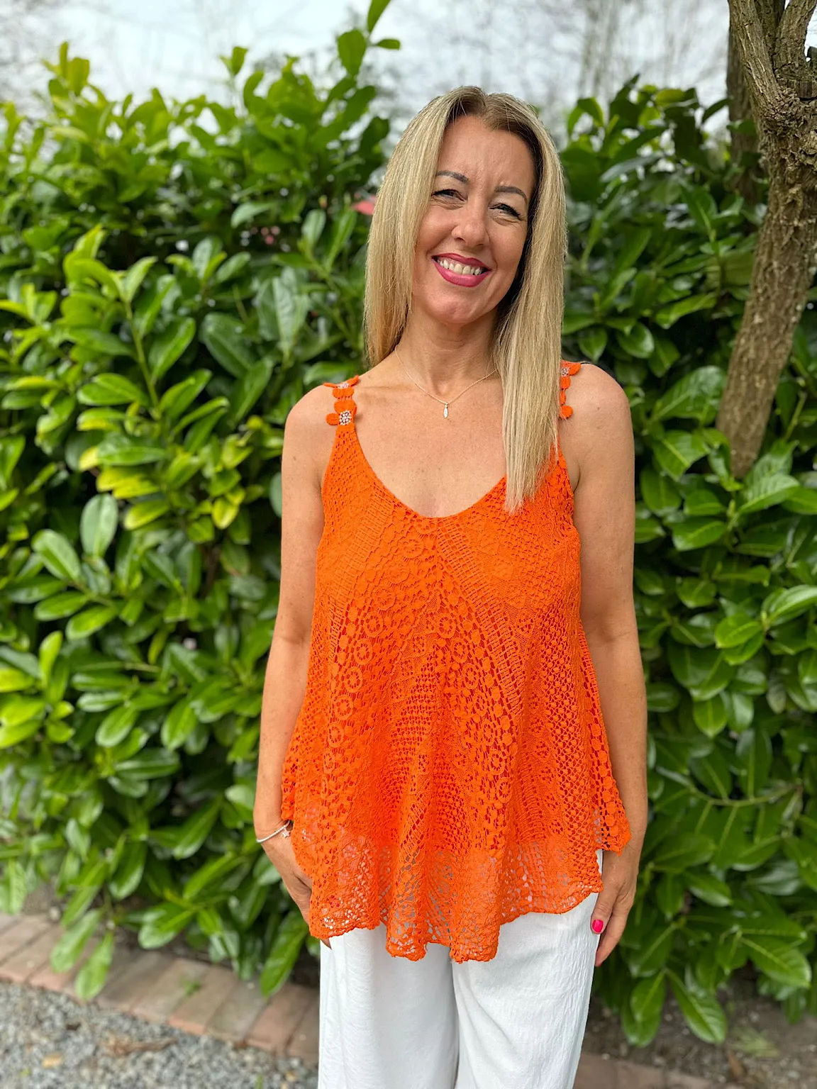 Orange Crochet Flower Strap Vest Top Tilly