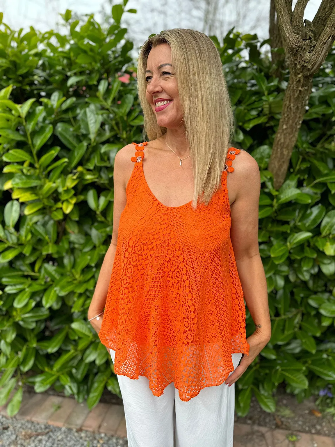 Orange Crochet Flower Strap Vest Top Tilly