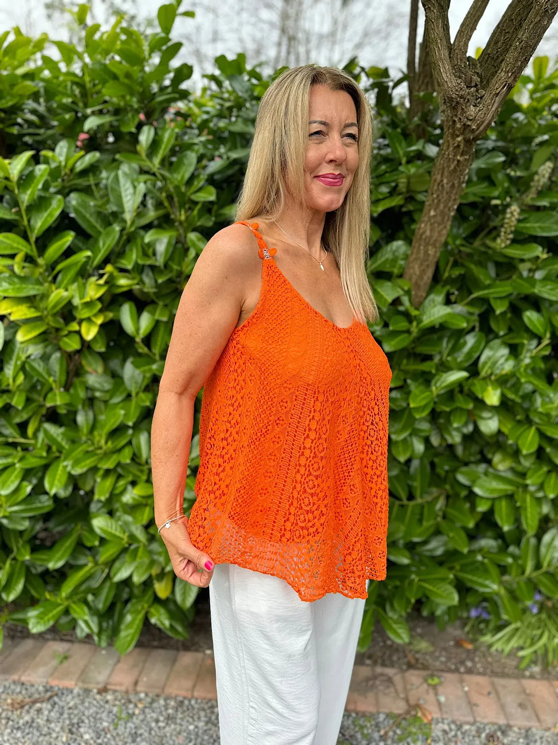 Orange Crochet Flower Strap Vest Top Tilly