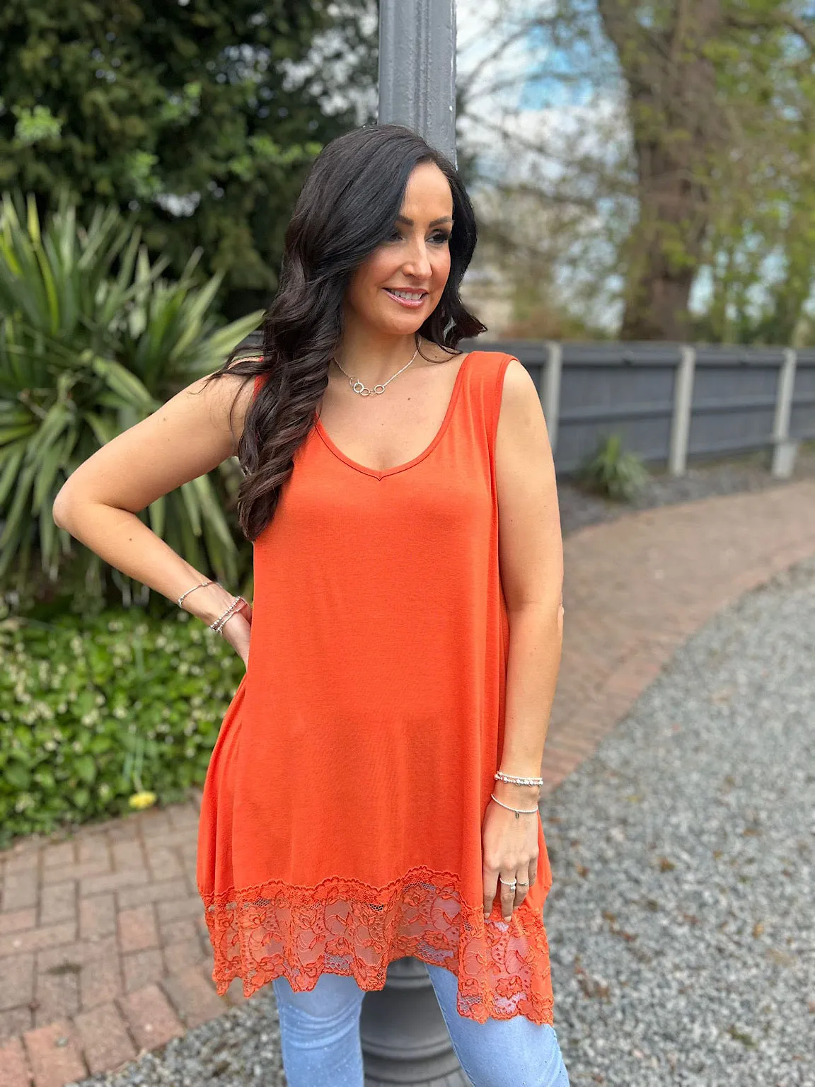 Orange V Neck Lace Bottom Vest Thea