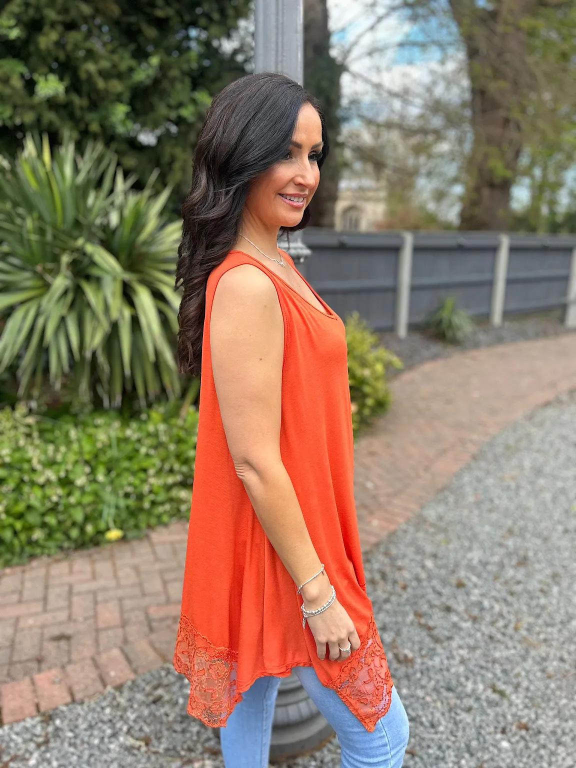 Orange V Neck Lace Bottom Vest Thea