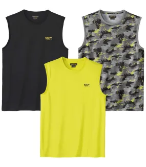 Pack of 3 Men's Sports Vests - Black Green Camouflage Print 