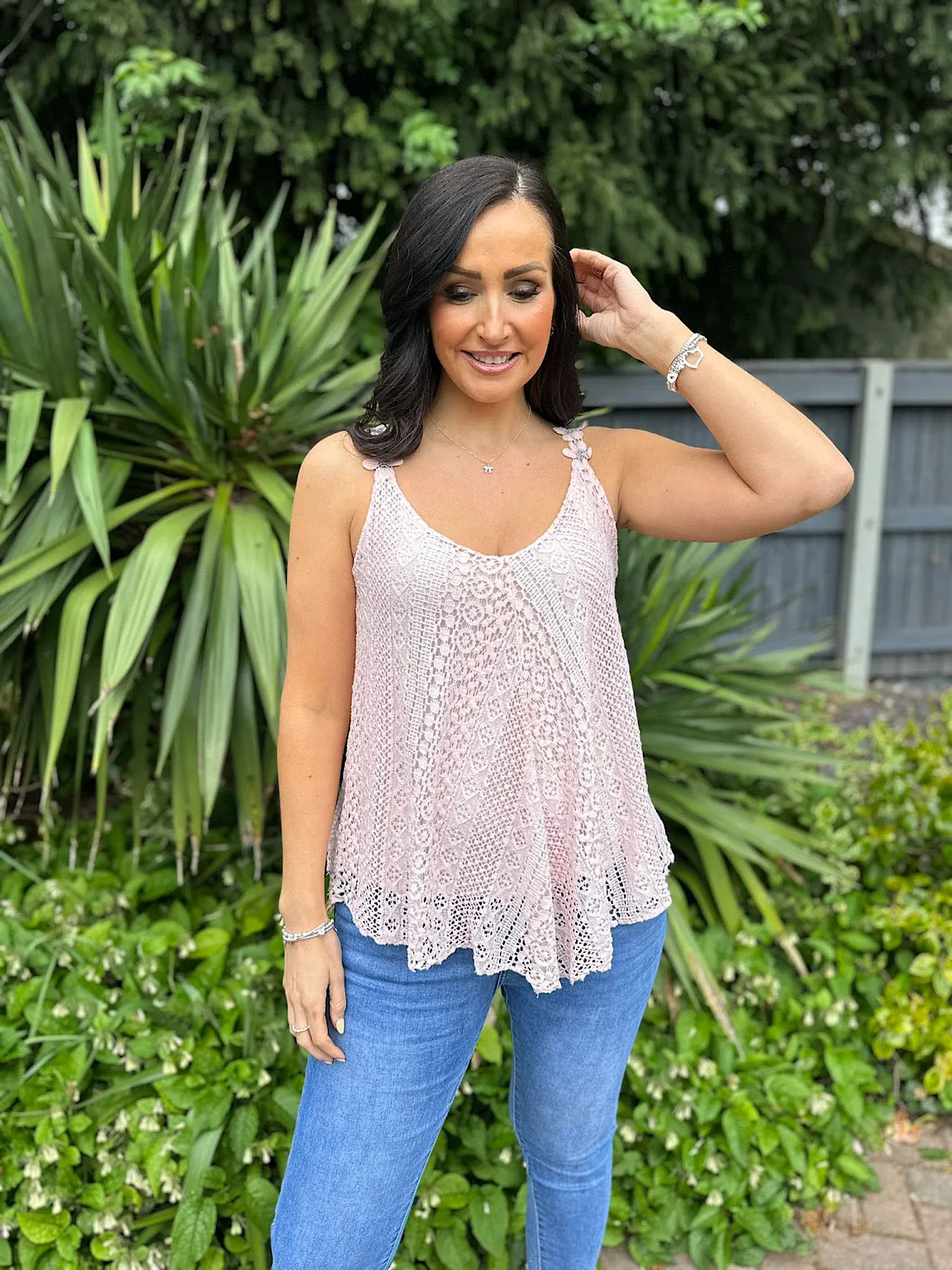 Pink Crochet Flower Strap Vest Top Tilly