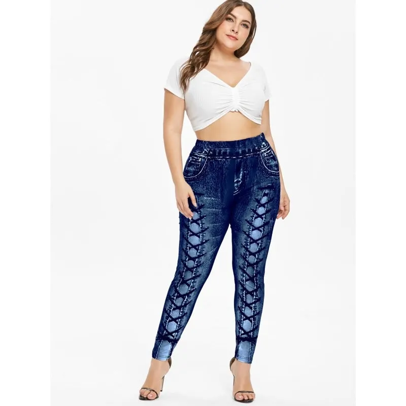 Plus Size 3D Printed High Waist Women's Skinny Elastic Leggings Pant