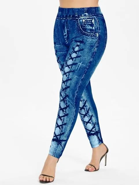 Plus Size 3D Printed High Waist Women's Skinny Elastic Leggings Pant