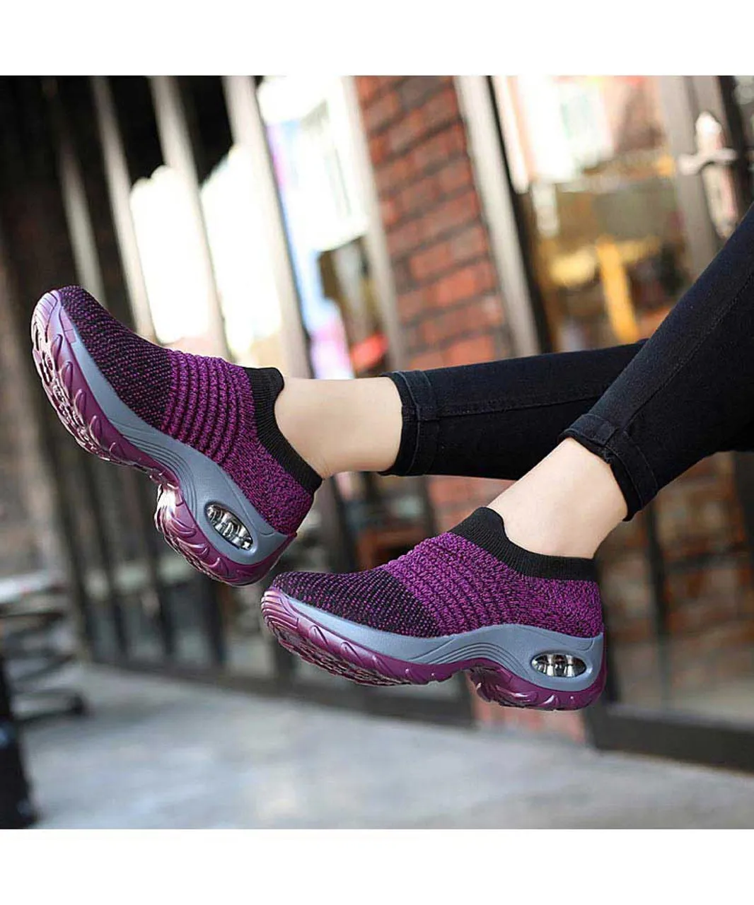 Purple stripe slip on double rocker bottom sneaker