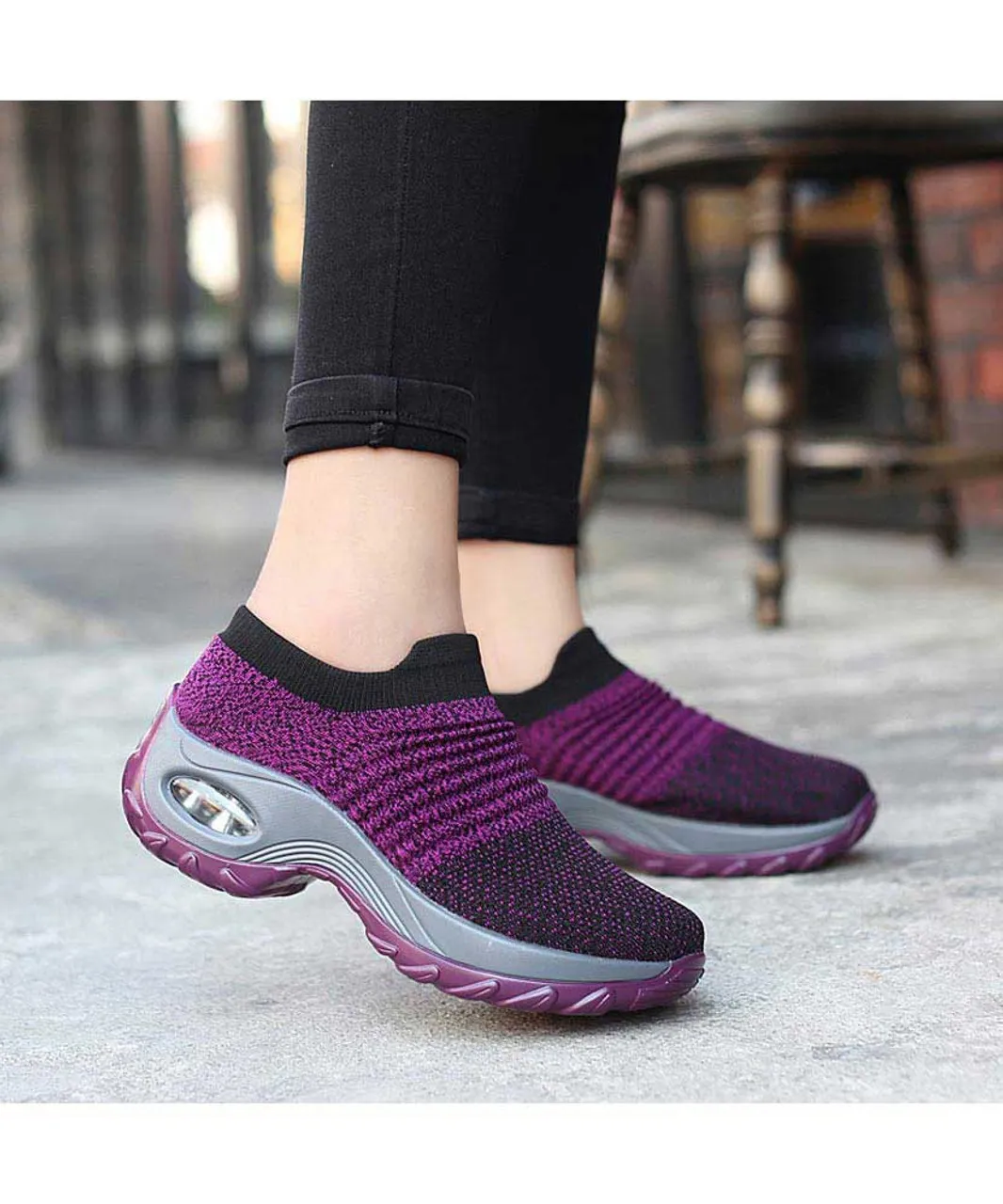 Purple stripe slip on double rocker bottom sneaker