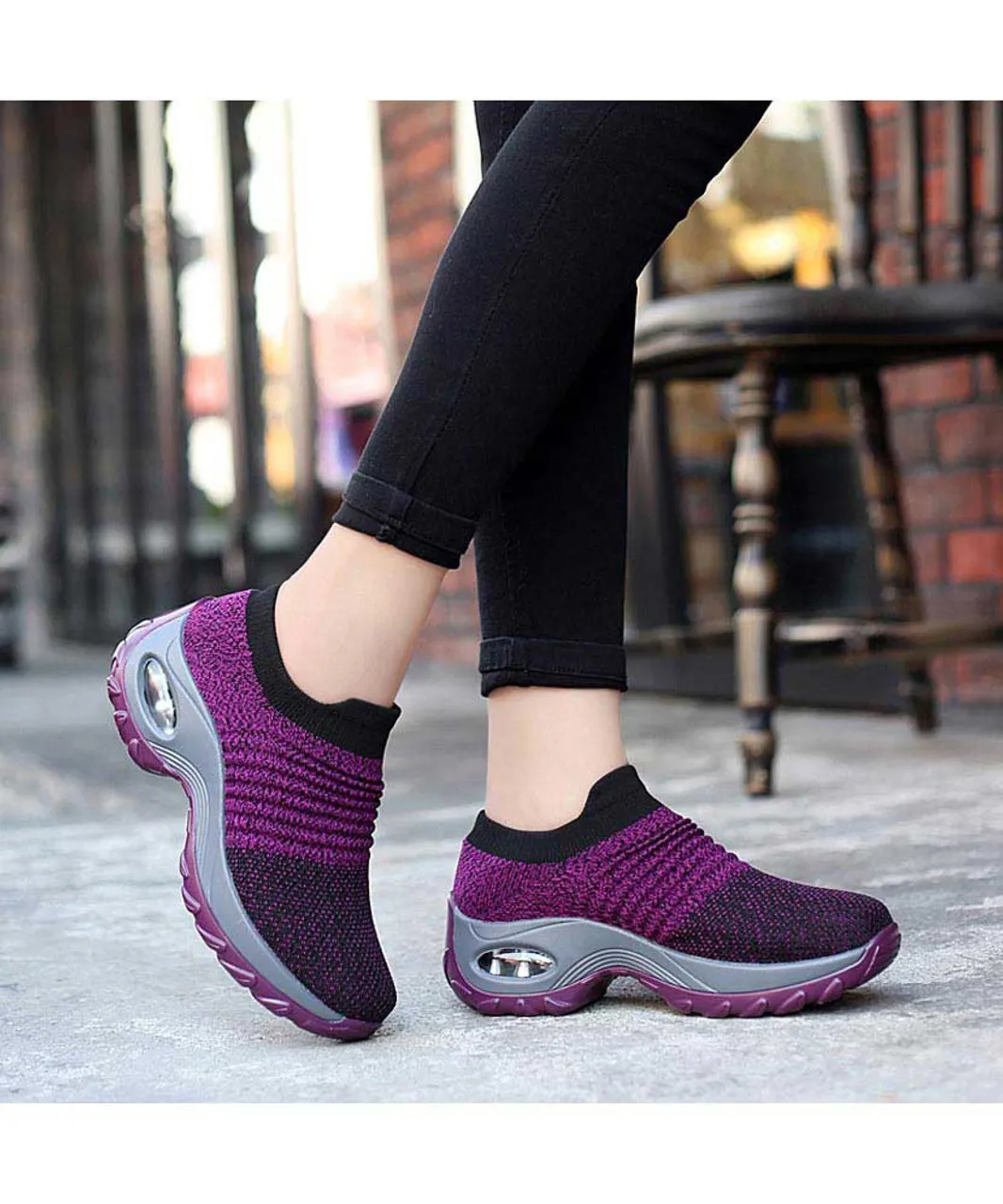 Purple stripe slip on double rocker bottom sneaker