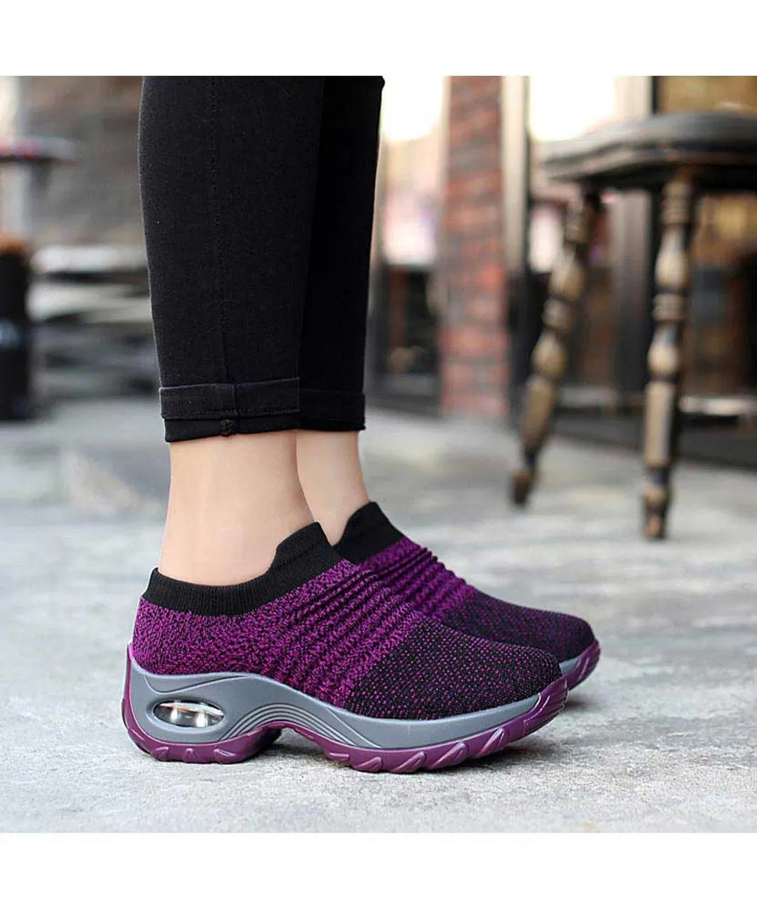 Purple stripe slip on double rocker bottom sneaker