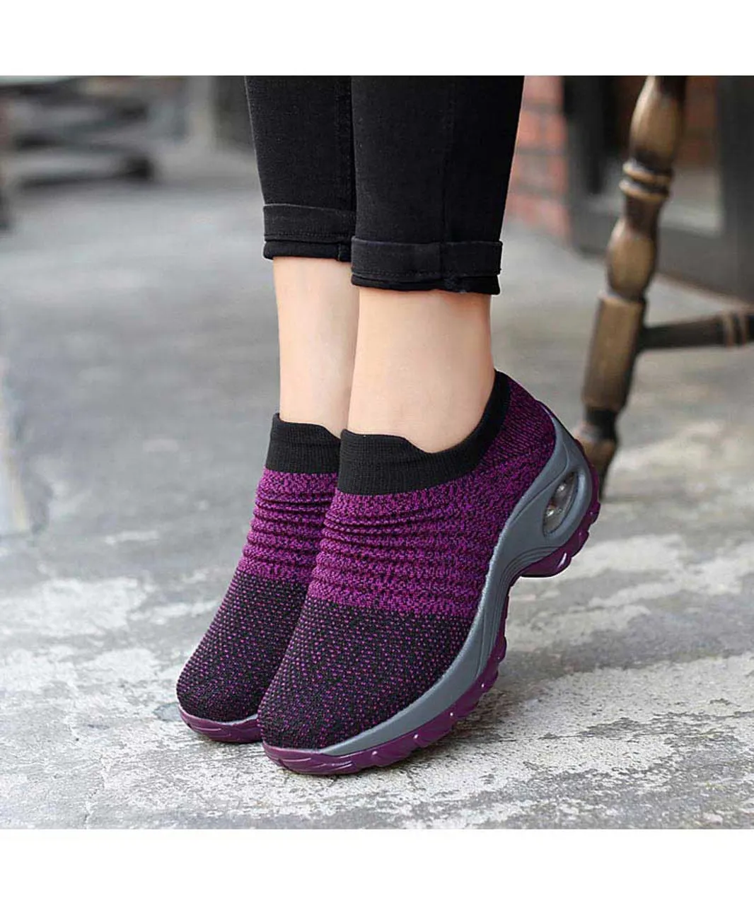 Purple stripe slip on double rocker bottom sneaker