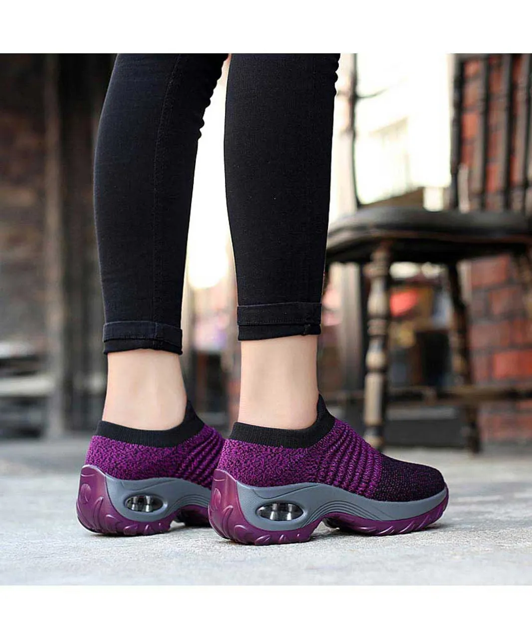 Purple stripe slip on double rocker bottom sneaker