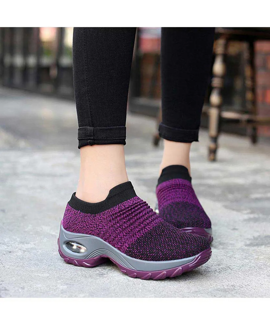 Purple stripe slip on double rocker bottom sneaker