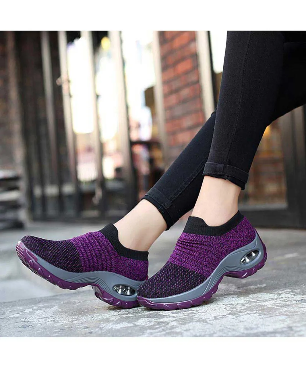 Purple stripe slip on double rocker bottom sneaker