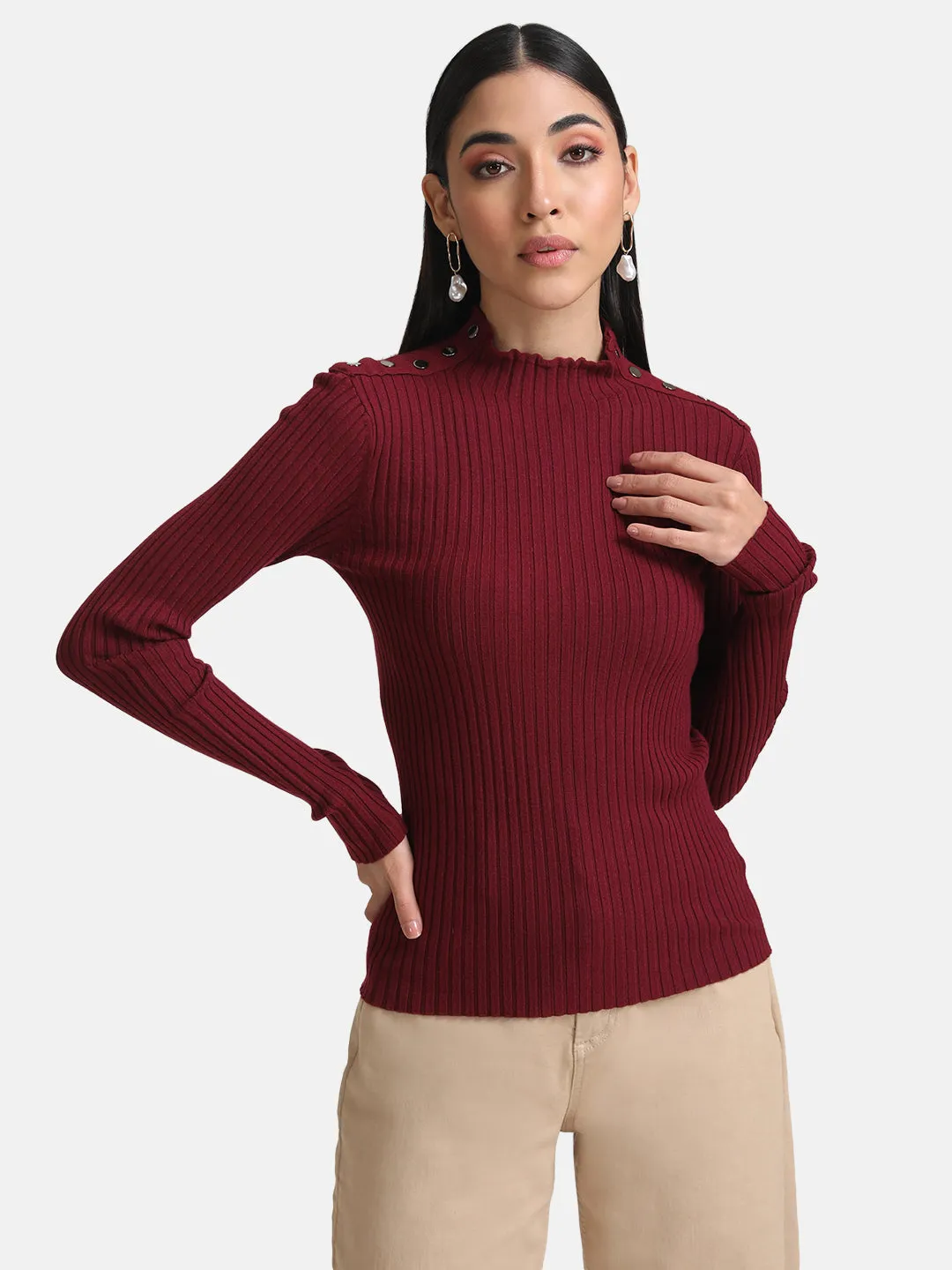 Raised Neck Pullover With Buttons